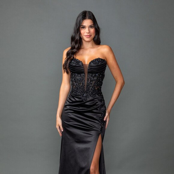 New Rhinestones Embellished Satin Ceremonial Dress w/ Sequins & Leg Slit DQ 4555 - Picture 1 of 8